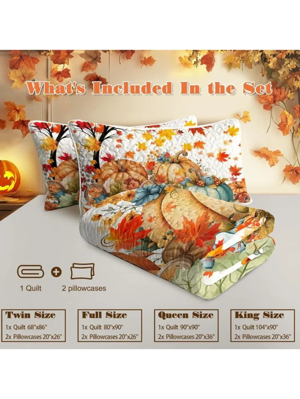 Colorful Pumpkins Queen Size Quilt - Halloween Fall Bedding Set for Cozy Decor
